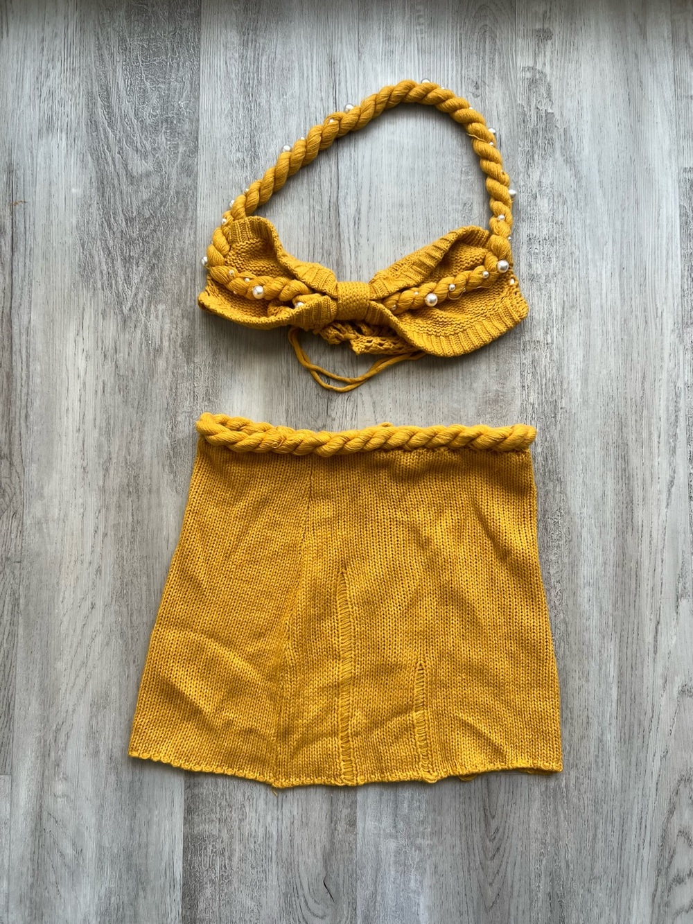 Braided Waist Mustard Yellow Knit Mini Skirt - Women's Casual
